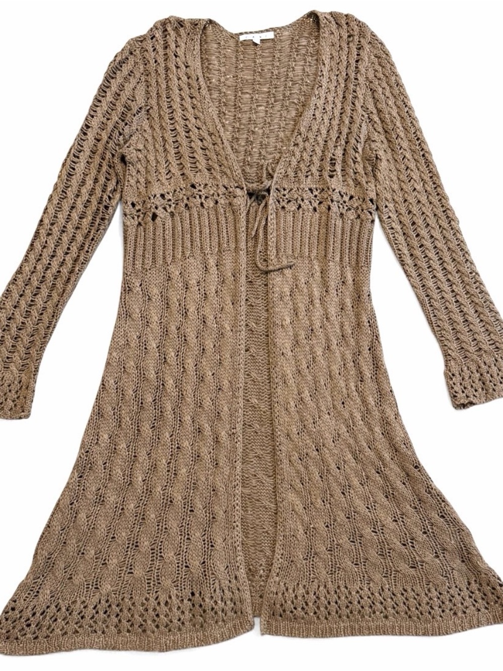 CAbi Women’s Beige Open-Knit Tie Front V-Neck Long Sleeve Cardigan Size Large